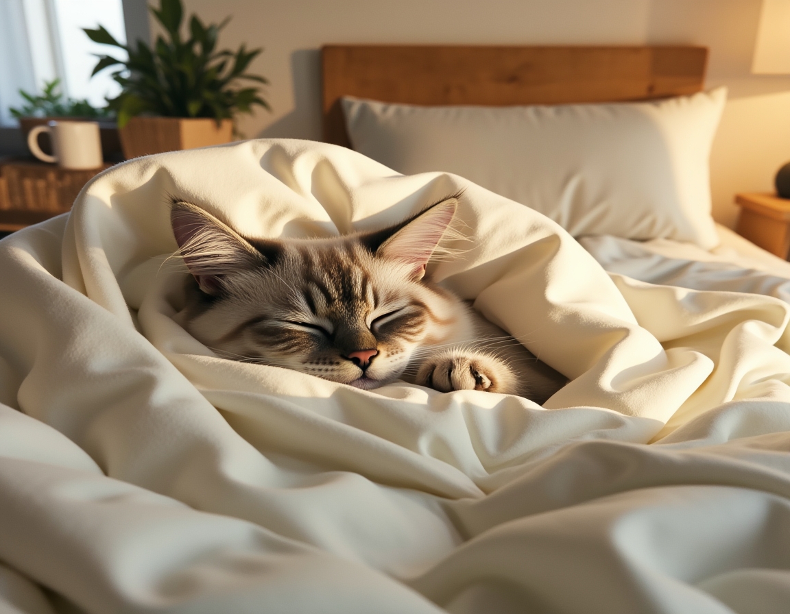Cat is nestled under soft blankets on a bed, its eyes half-closed in peaceful relaxation. Morning sunlight streams through a nearby window, highlighting the soft textures of the bedding.